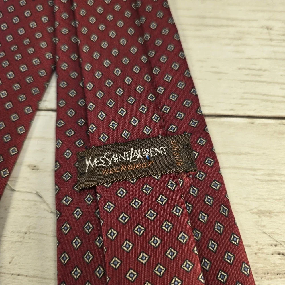 Yves Saint Laurent Silk Tie Lot 2 Burgundy Geometric & Taupe Paisley Vintage YSL